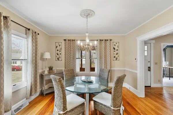 a view of a dining room with furniture window and wooden floor