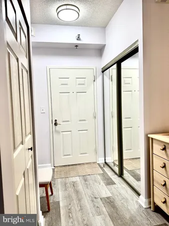 a view of a hallway with wooden floor and cabinet