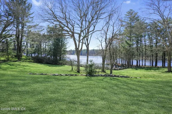 a view of a park with large trees