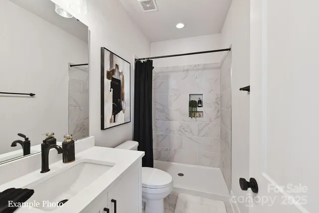 a bathroom with a sink a toilet and shower a mirror