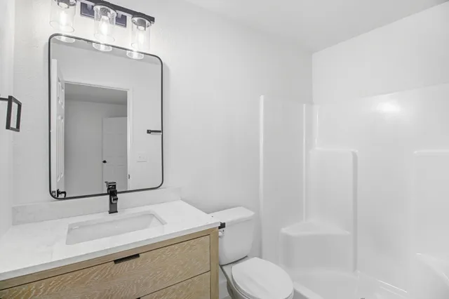 a bathroom with a sink a toilet and shower