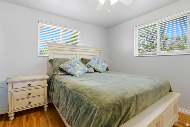 4245 3320 East Holladay, UT 84124 - Photo 28 of 51 Hardwood flooring, painted walls, two windows with white blinds, and a ceiling fan with integrated lighting