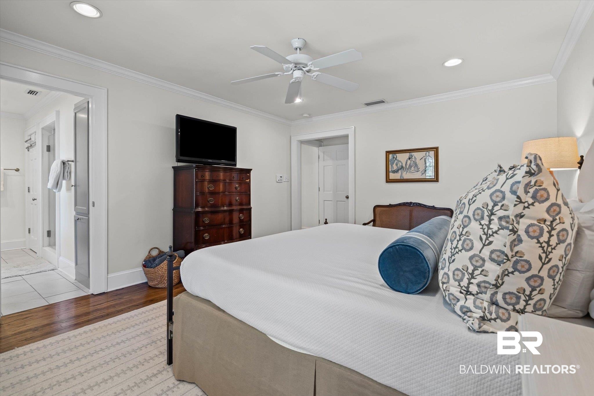 513 Spring Park Drive East Mobile, AL 36608 - Photo 22 of 44 Bedroom with ornamental molding, recessed lighting, wood finished floors, ceiling fan, and connected bathroom