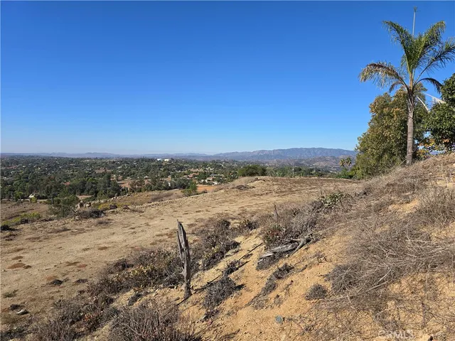 a view of a dry yard with mountains in the background