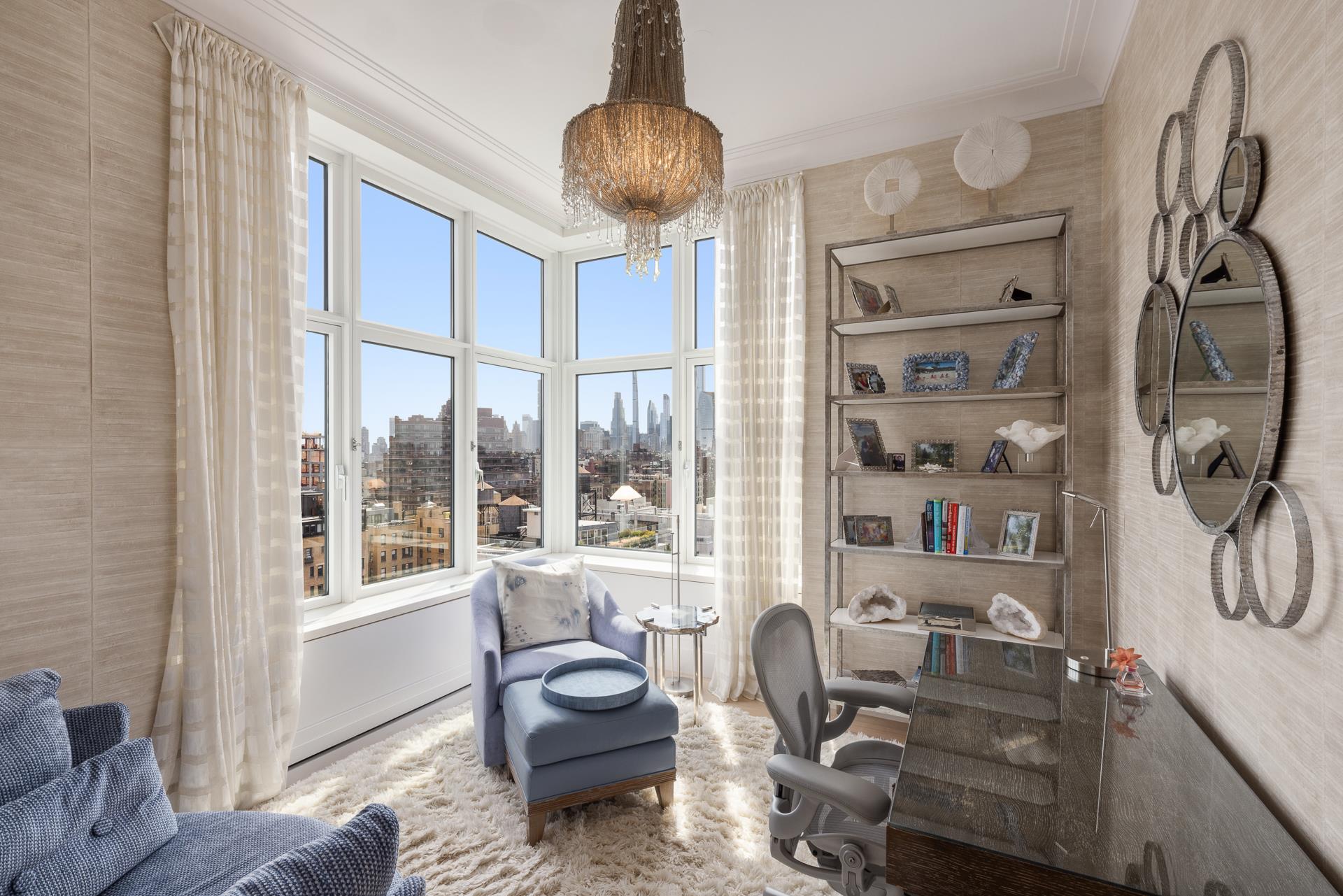 535 West End Avenue, Unit PH Manhattan, NY 10024 - Photo 14 of 19 a living room with furniture a window and a chandelier