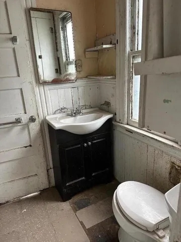 a bathroom with a sink a toilet a mirror and vanity