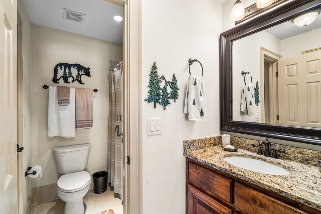 476 Licklog Ridge Hayesville, NC 28904 - Photo 30 of 41 a bathroom with a granite countertop sink and a mirror