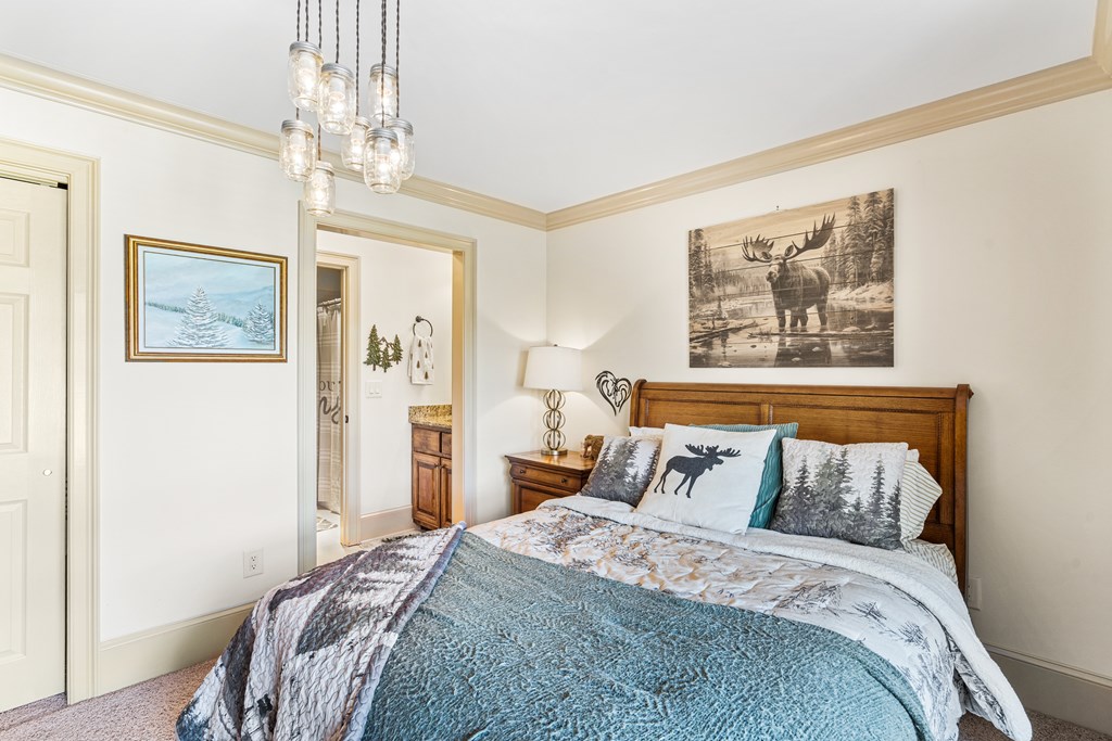 476 Licklog Ridge Hayesville, NC 28904 - Photo 37 of 41 a bedroom with a bed and a chandelier