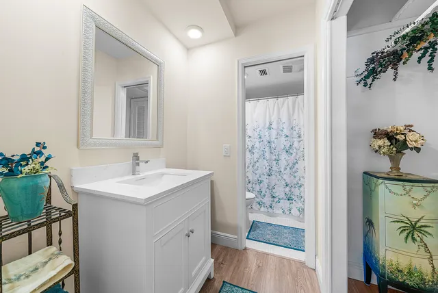 a bathroom with a sink a mirror and a shower