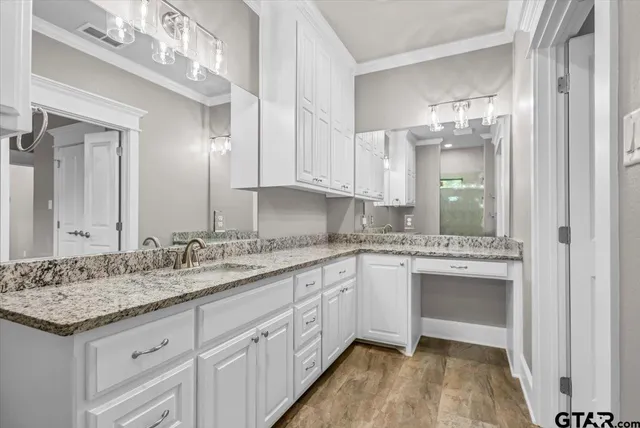 a bathroom with a granite countertop double vanity and a mirror