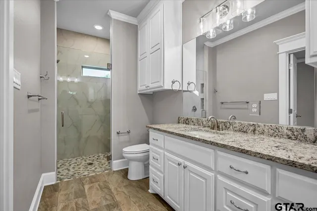 a bathroom with a granite countertop sink a toilet and shower