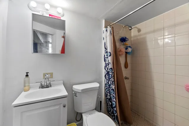 a bathroom with a toilet sink vanity and shower