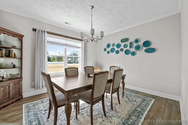 a dining room with furniture a rug and a chandelier