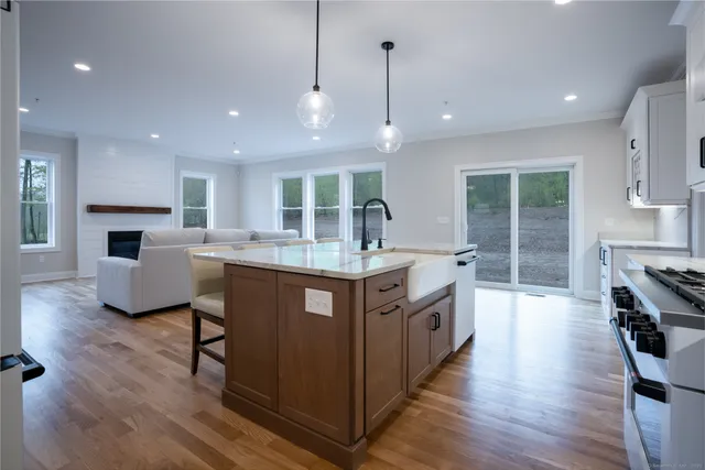 a kitchen with stainless steel appliances granite countertop a stove a sink a refrigerator and a dining table with wooden floor