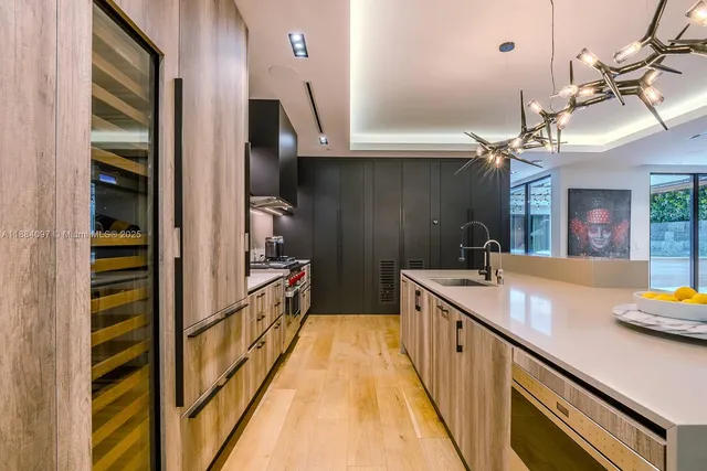 a view of a kitchen with kitchen island a sink a counter space and stainless steel appliances