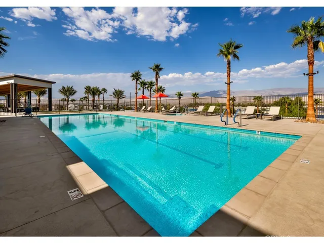 a view of a swimming pool with a patio and palm tree