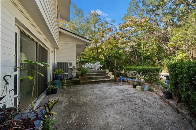 a view of backyard with outdoor seating and plants