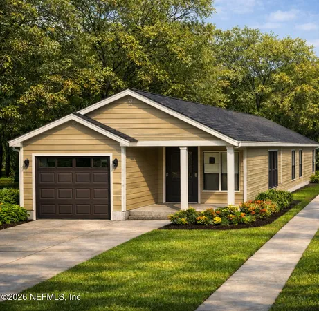 a front view of a house with a yard and garage