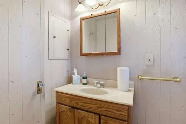 a bathroom with a sink vanity and a mirror