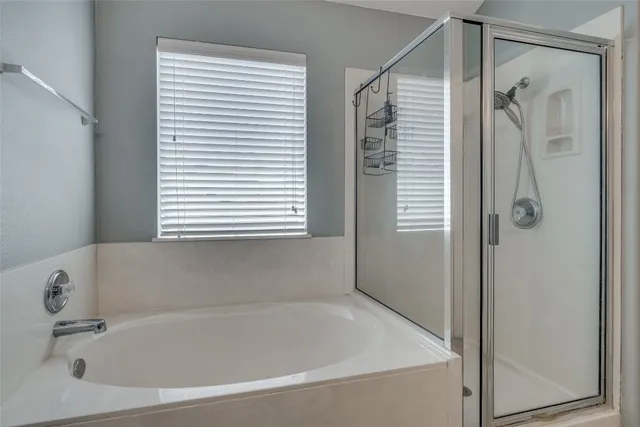 a bathroom with a bathtub and a shower