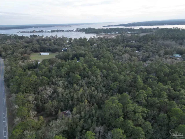 an aerial view of town with residential houses and trees in the background