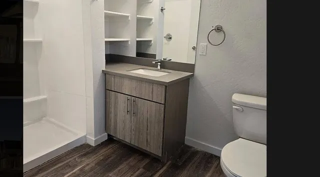 a bathroom with a toilet sink and mirror