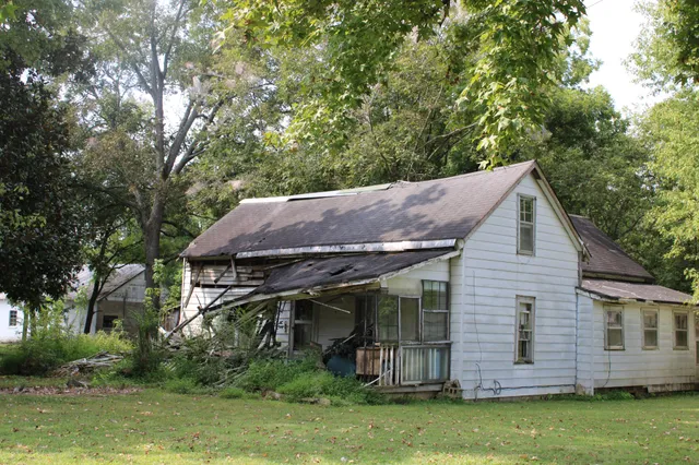 a view of a house with a yard plants and large tree