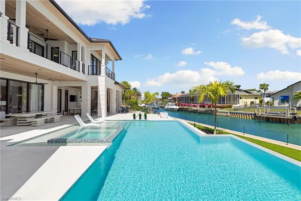 a view of an house with swimming pool and porch