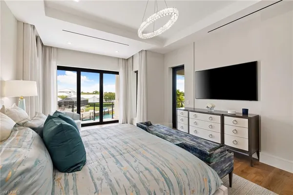 a bedroom with a bed and a flat screen tv on dresser