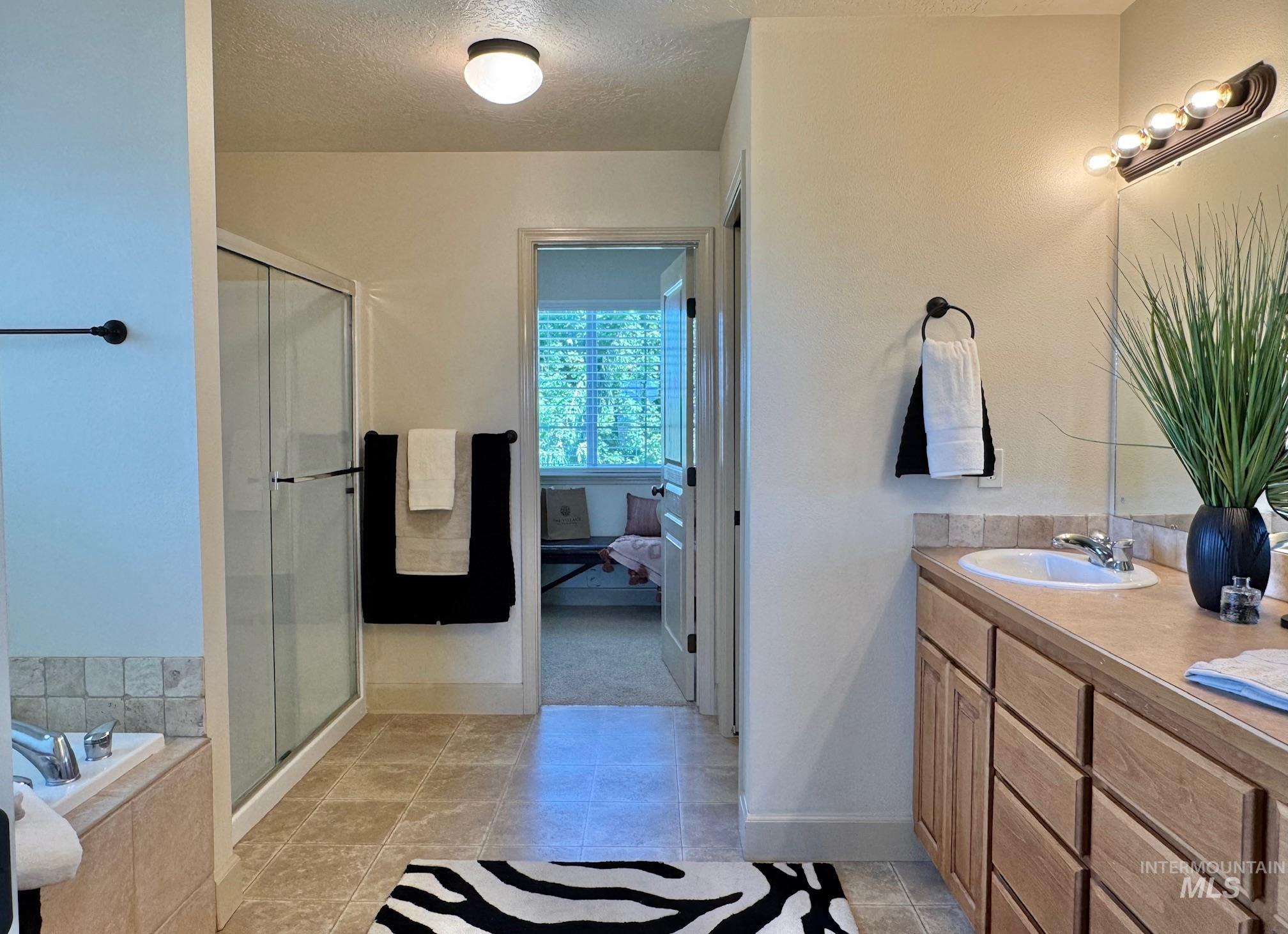 9299 Kemp Road Middleton, ID 83644 - Photo 25 of 50 Spacious bathroom featuring a dual vanity, large mirror, and glass-enclosed shower
