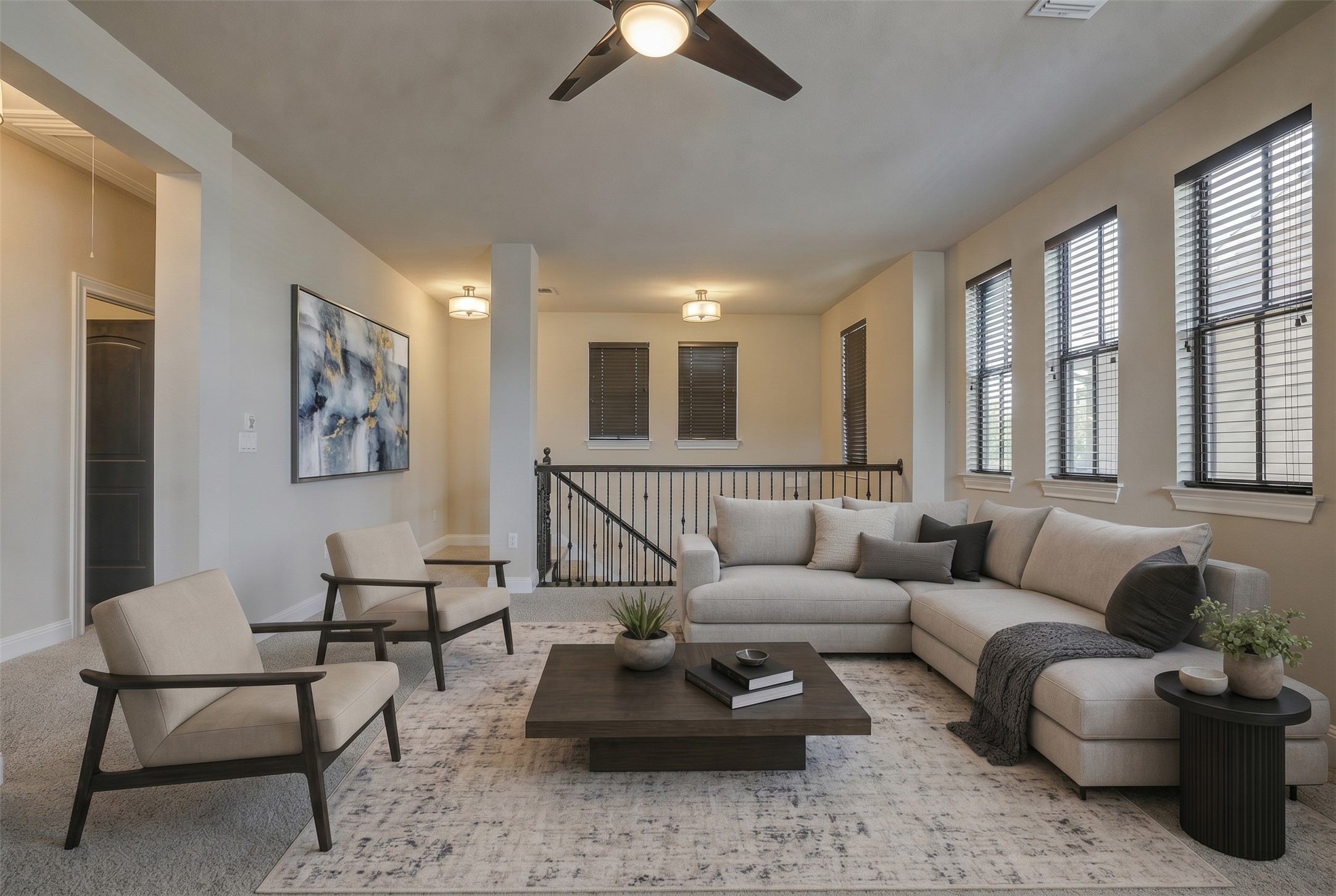 4524 Berkman Drive Austin, TX 78723 - Photo 6 of 38 Spacious living area featuring carpet flooring, multiple large windows with blinds, and a ceiling fan