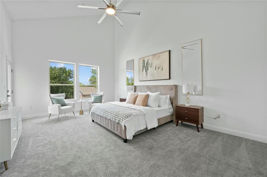 6230 Dewitt Street Sachse, TX 75048 - Photo 12 of 21 Carpeted bedroom with high vaulted ceiling and a ceiling fan