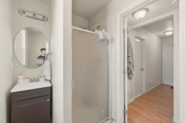 a bathroom with a sink a mirror a vanity and shower