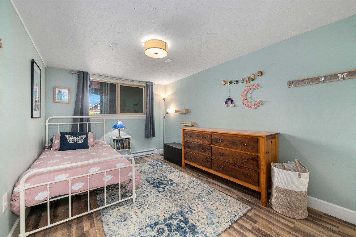 1355 Walton Creek Road, Unit 20 Steamboat Springs, CO 80487 - Photo 27 of 43 a bedroom with a bed and wooden floor