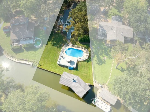 an aerial view of a house with a garden and swimming pool