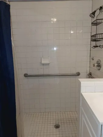 a bathroom with a shower and a sink