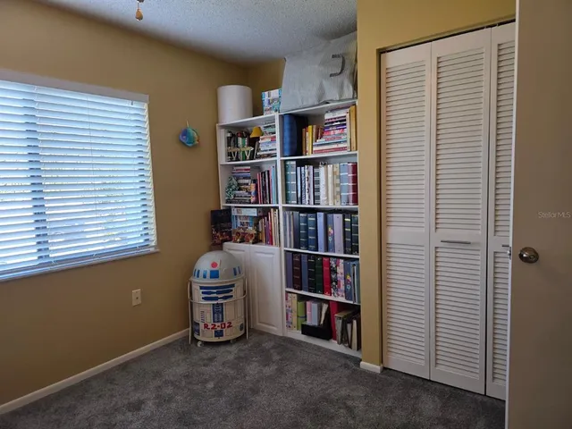 a view of a livingroom with shelves