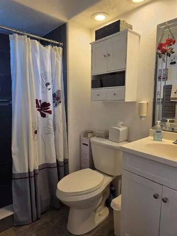 a bathroom with a sink toilet and shower