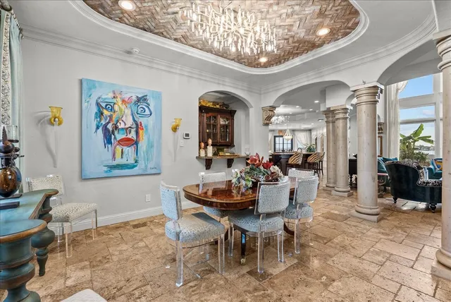 a view of a dining room with furniture