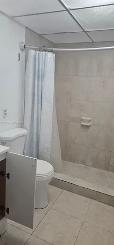 a bathroom with a shower and a toilet