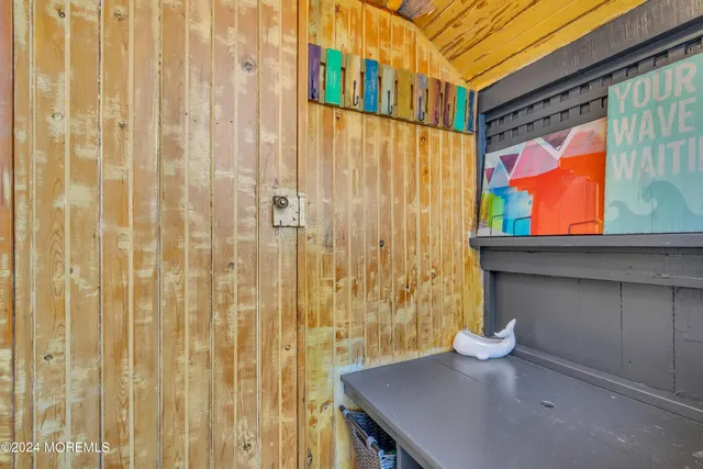 a bathroom with a shower curtain
