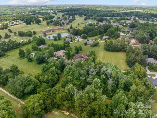 an aerial view of residential houses with outdoor space and trees