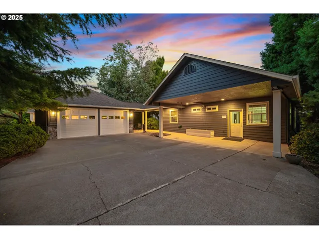 a view of a house with a yard and potted plants