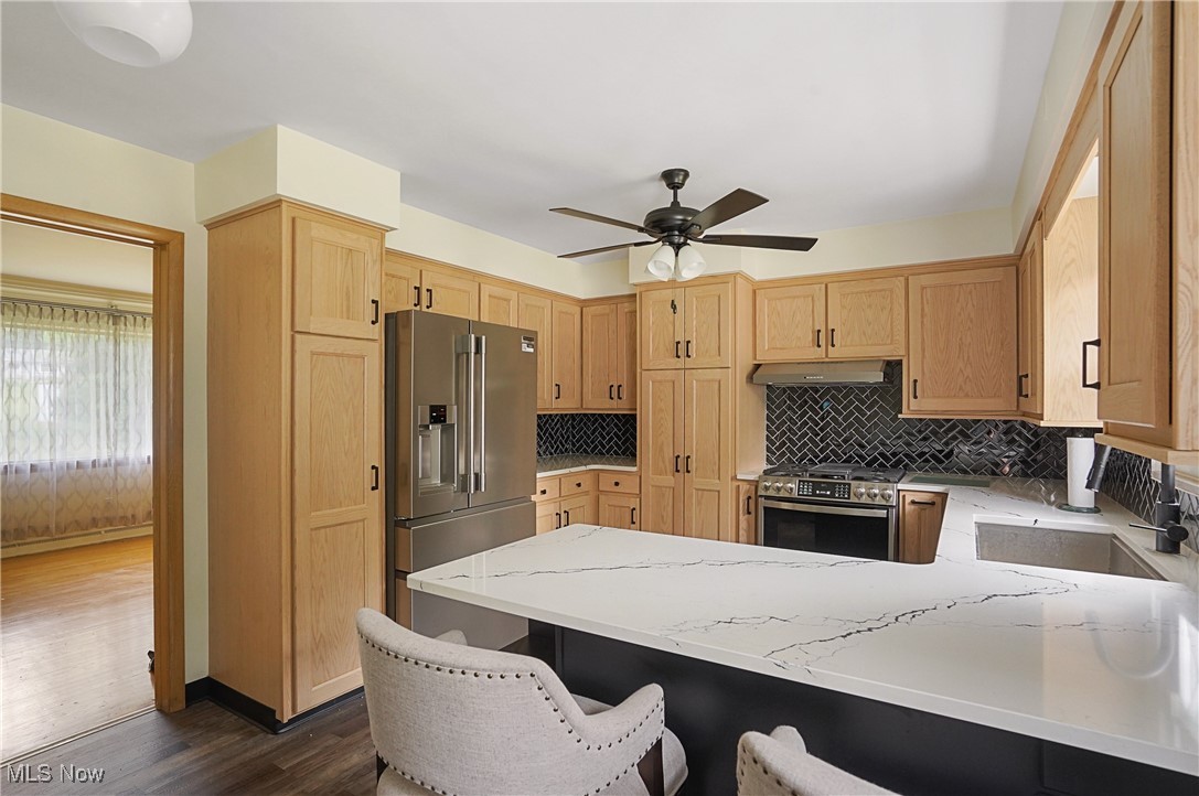 Kitchen featuring a peninsula, appliances with stainless steel finishes, decorative backsplash, a ceiling fan, and dark wood-style floors