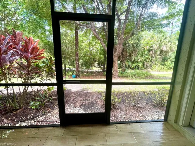 a view of a room with large trees and plants