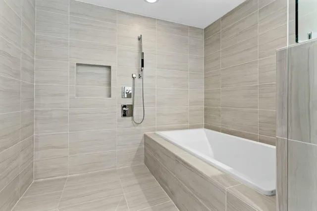 a bathroom with a bathtub