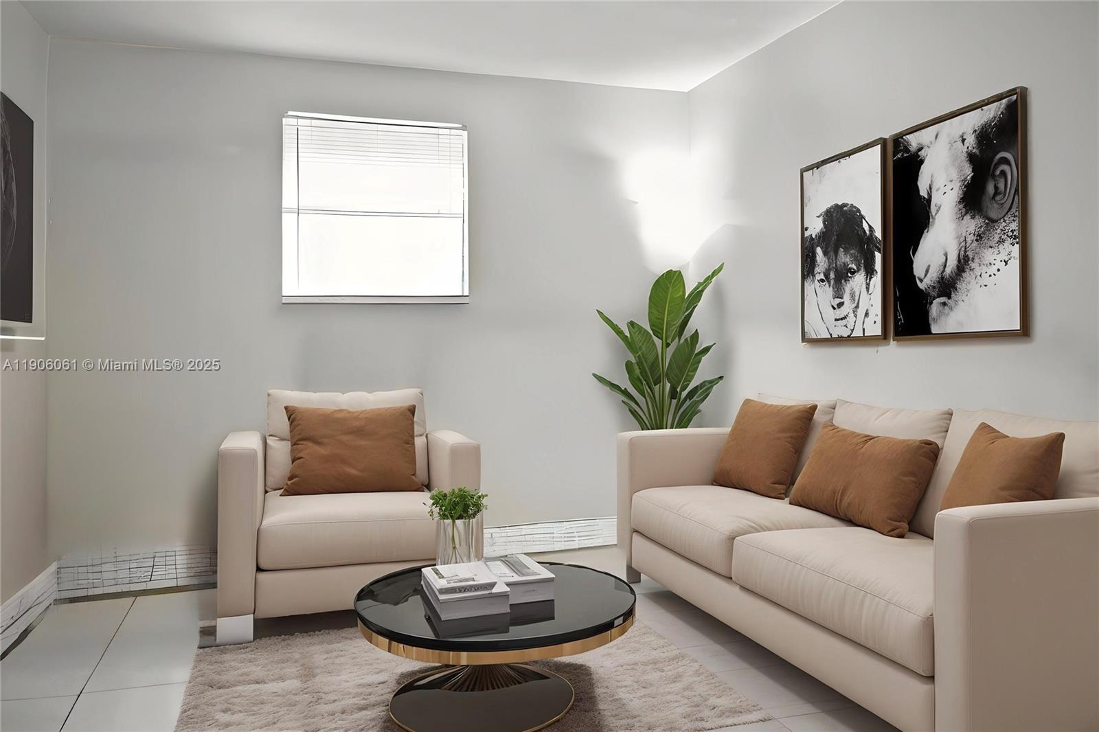 a living room with furniture a rug and a window