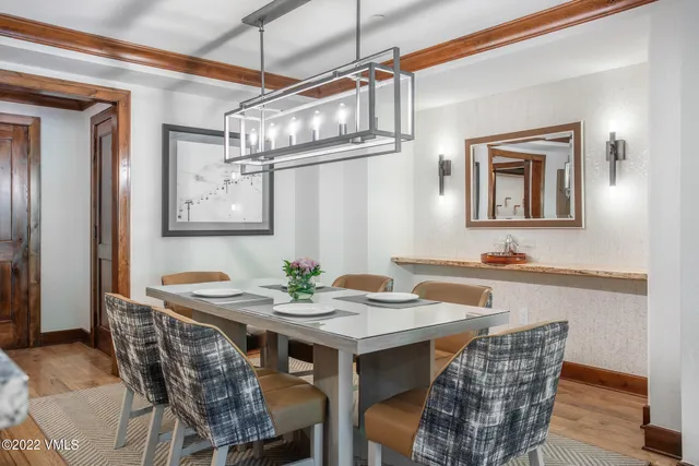 a view of a dining room with furniture