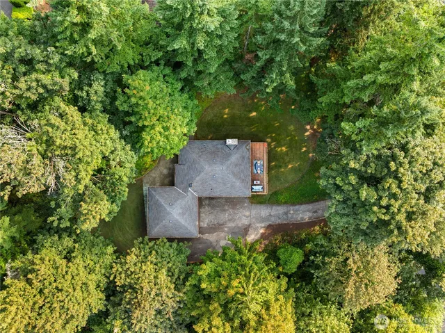 an aerial view of a house with a yard and trees all around