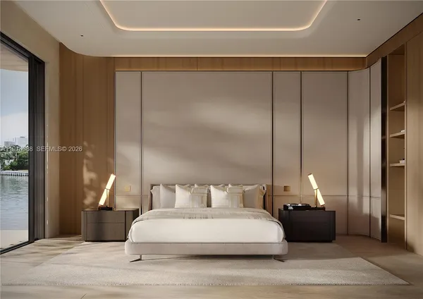 a bedroom with a bed window and lamp